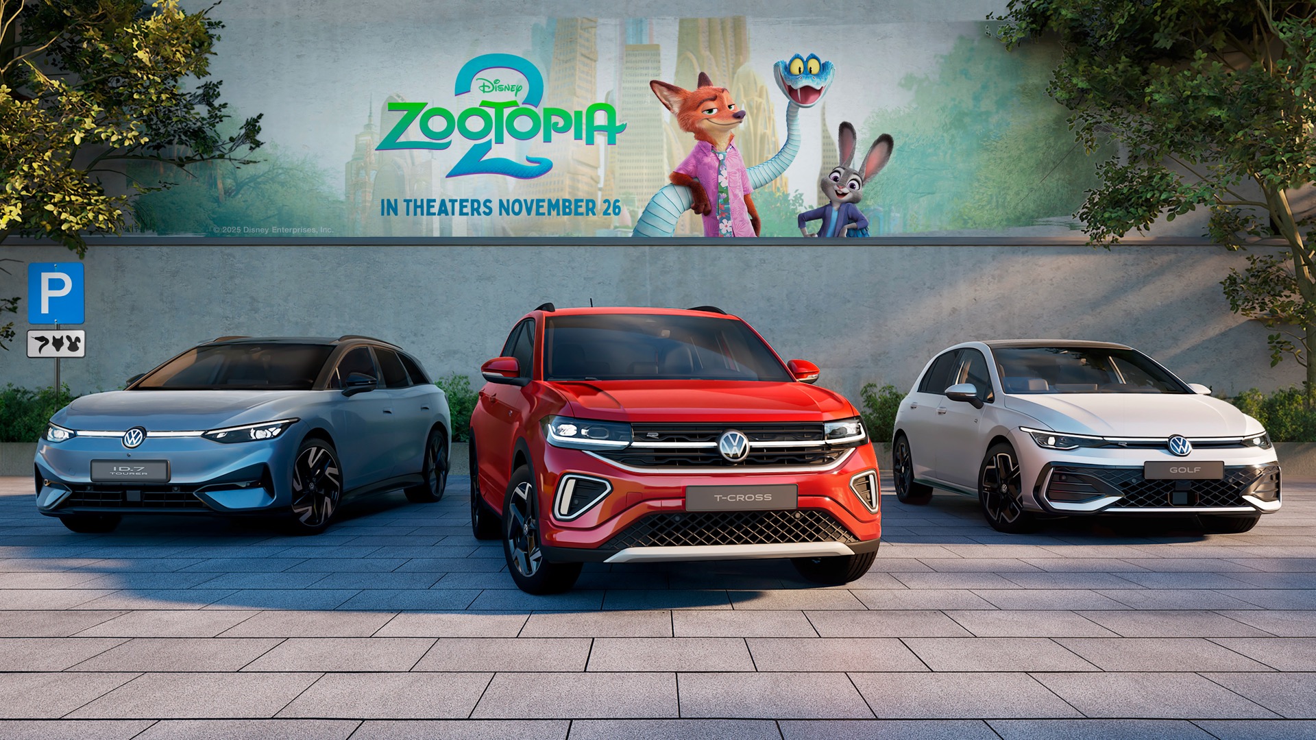 Characters drive a Wolfwagen vehicle in the new Disney Zootopia 2 Movie