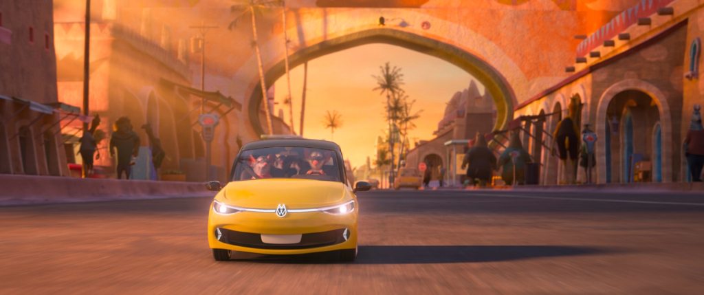 Characters drive a Wolfwagen vehicle in the new Disney Zootopia 2 Movie