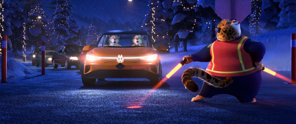 Characters drive a Wolfwagen vehicle in the new Disney Zootopia 2 Movie