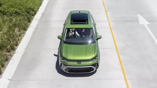 Aerial view of the 2025 Volkswagen Taos driving