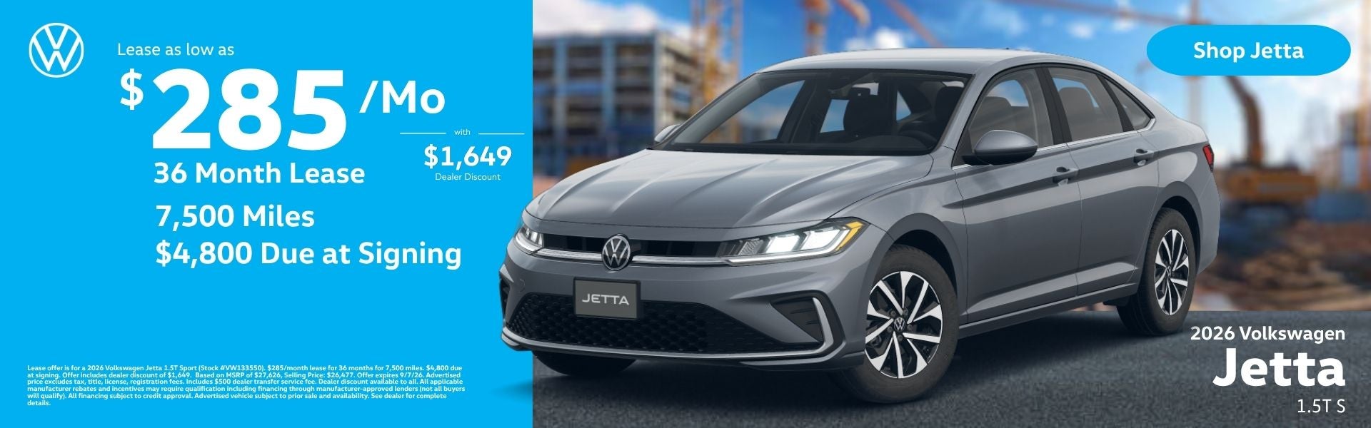 Lease offer on a new 2026 Volkswagen Jetta