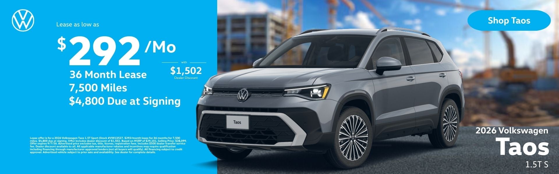 Lease offer on a new 2026 Volkswagen Taos