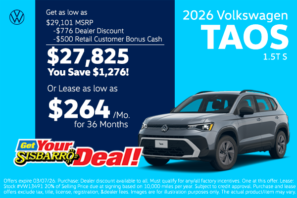 2026 Volkwagen Taos 1.5T S $311/mo!