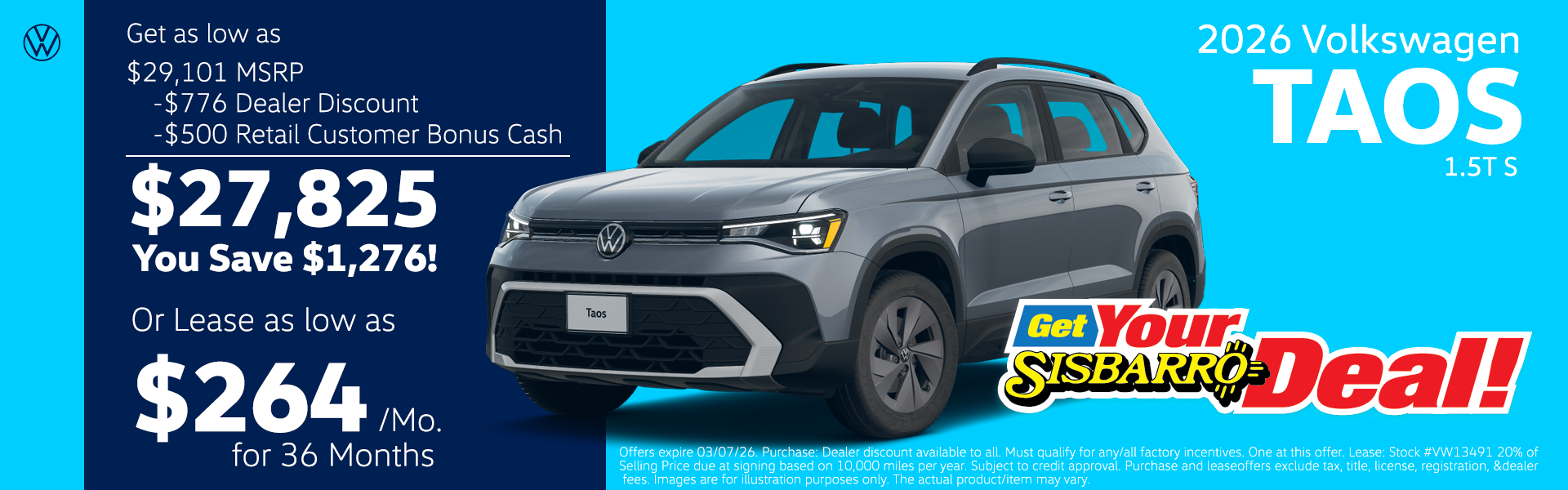 2026 Volkwagen Taos 1.5T S $311/mo!