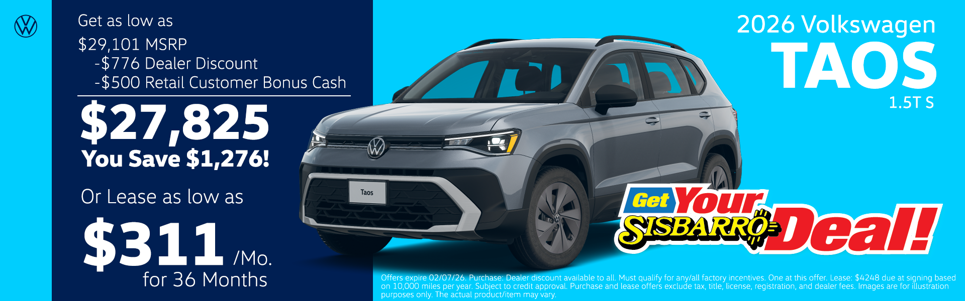 2026 Volkwagen Taos 1.5T S $311/mo!