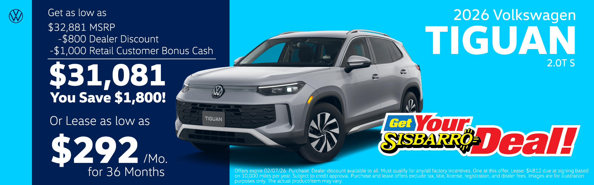 NEW 2026 Volkswagen Tiguan 2.0T S $292/mo! 