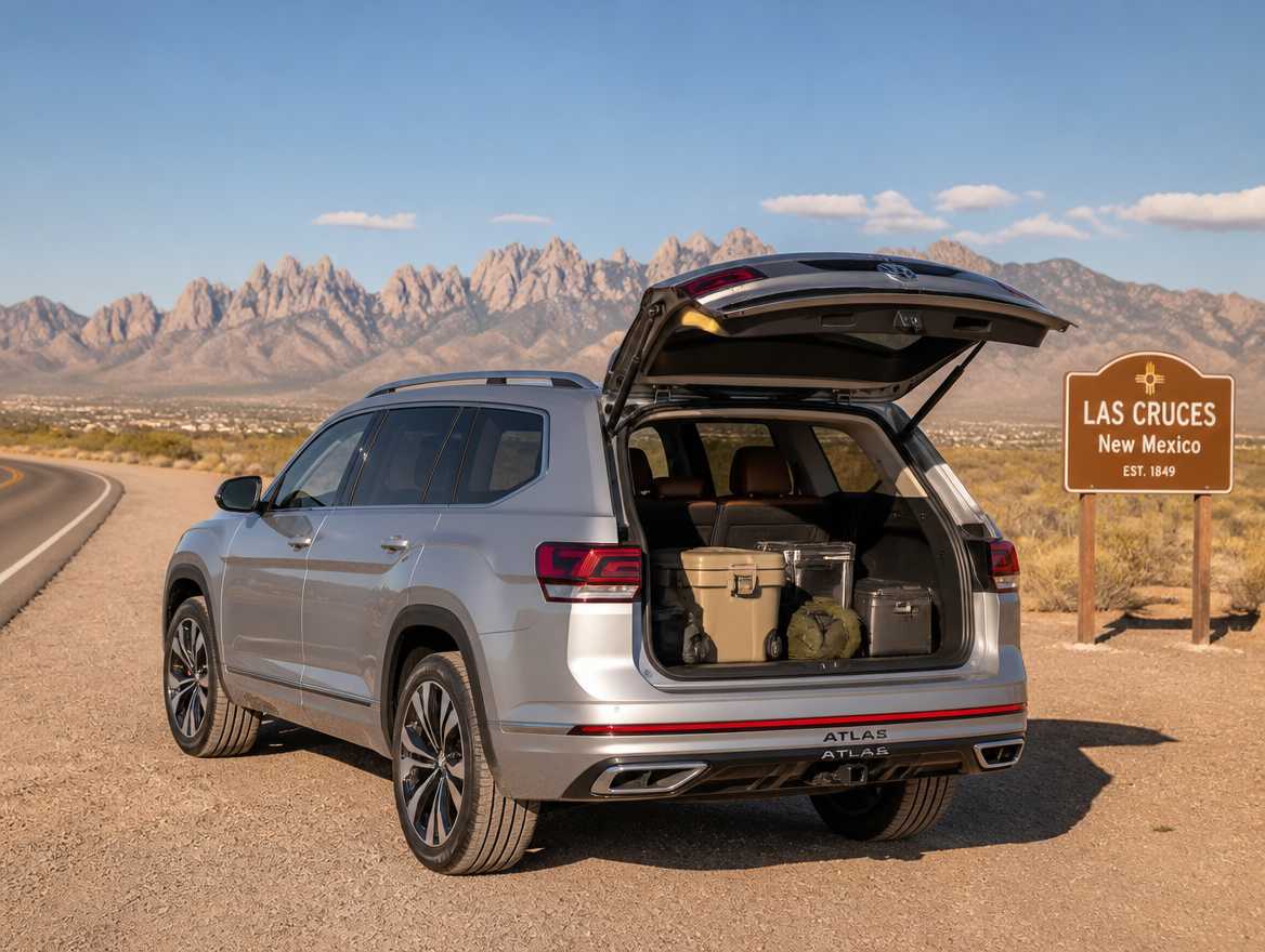 2026 Volkswagen Atlas rear cargo area open on a desert highway near Las Cruces with the Organ Mountains in the background