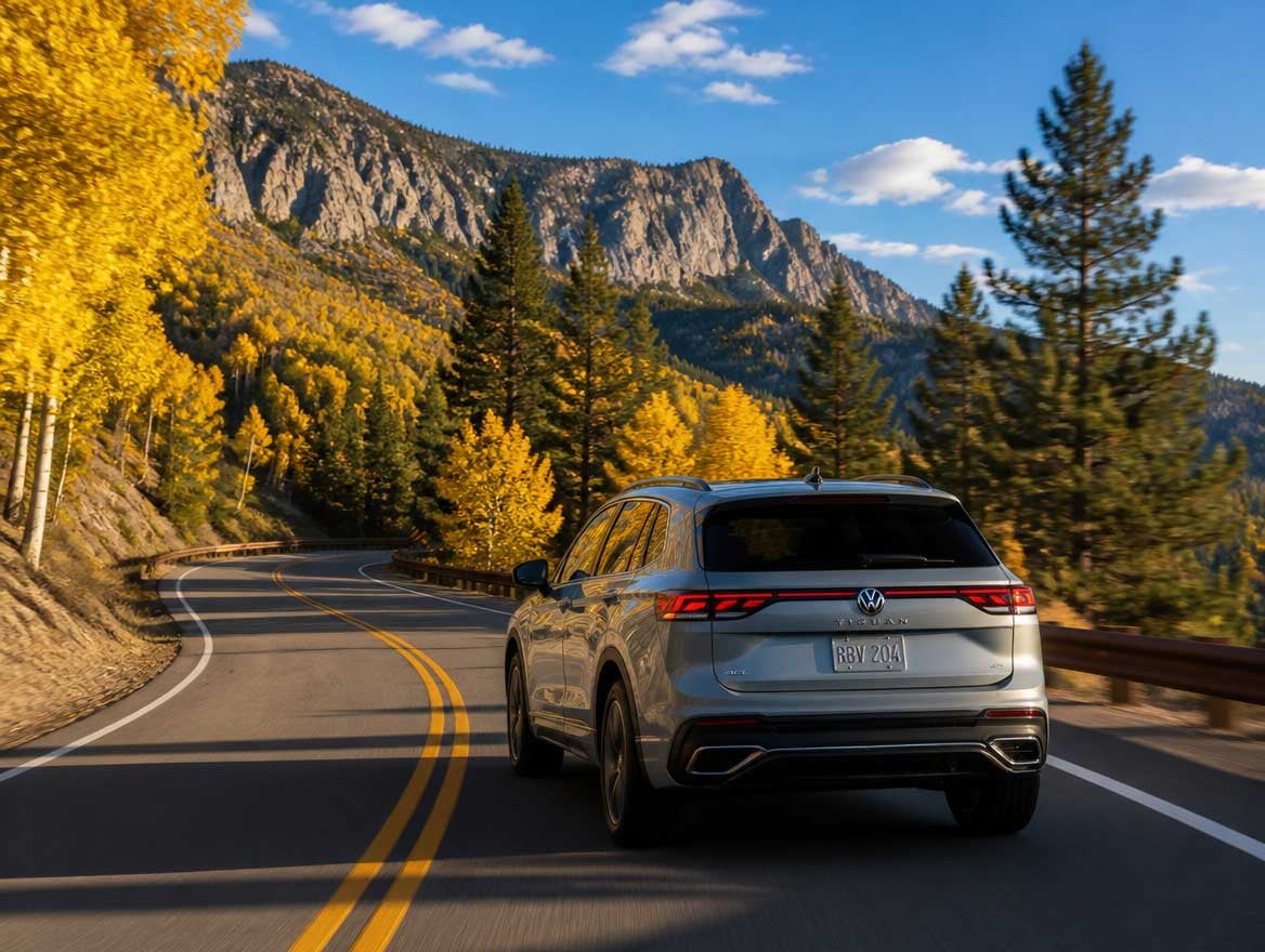 2026 Volkswagen Tiguan on a winding mountain road through the Sacramento Mountains in fall foliage