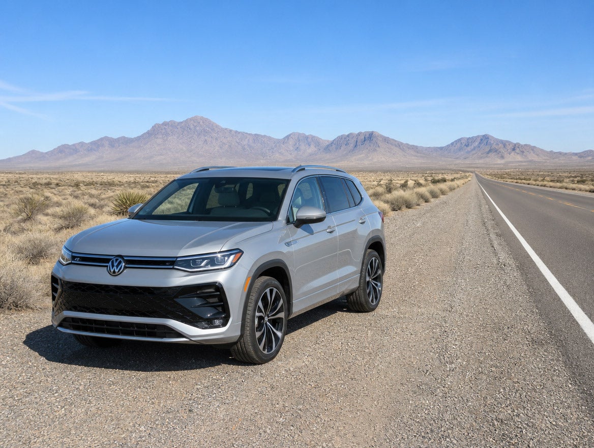 2026 Volkswagen Tiguan parked on U.S. 180 desert highway shoulder near Las Cruces, New Mexico