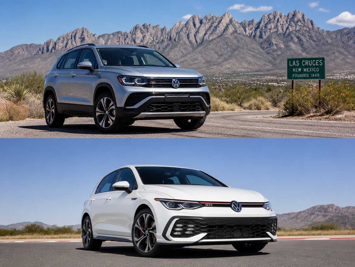 2026 Volkswagen Taos SUV and 2026 Volkswagen Golf GTI side by side on a Las Cruces desert road