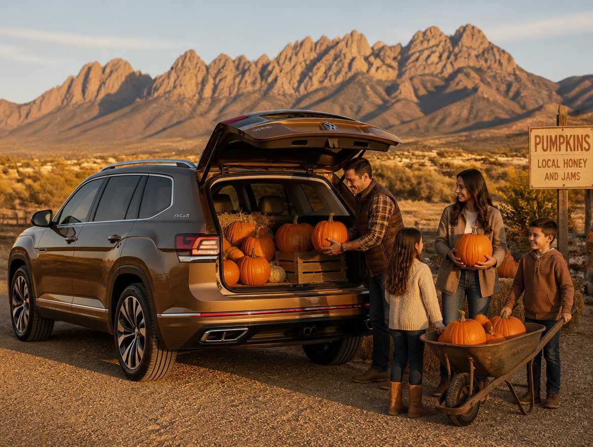 2026 Volkswagen Atlas with rear liftgate open at a Las Cruces-area pumpkin patch farm lot, pumpkins loaded in cargo area, Organ Mountains in the distance